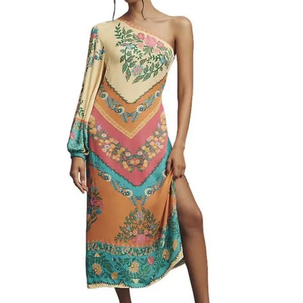 New FARM Rio x Anthropologie One Shoulder Long Sleeve Printed Midi Dress